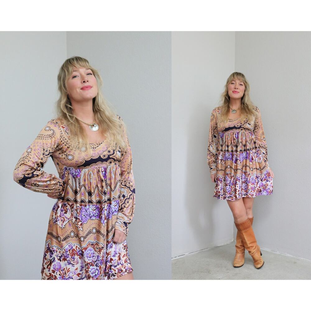 1970's Vintage Babydoll Bohemian Mini Dress ~ Women's XS SM ~ 60's Festival
